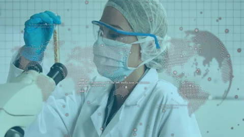 Scientist lifting test tube testing yellow fluid under microscope in lab data Stock Footage 311141134