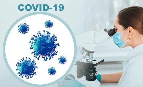 Scientist looking at COVID-19 viruses using a modern microscope to identify a Foto stock