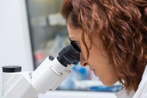 Scientist looking at microscope Stock-Fotos