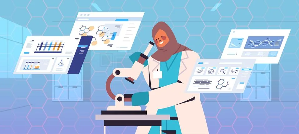 Scientist looking to microscope researcher making microbiology research in lab Stock Illustration