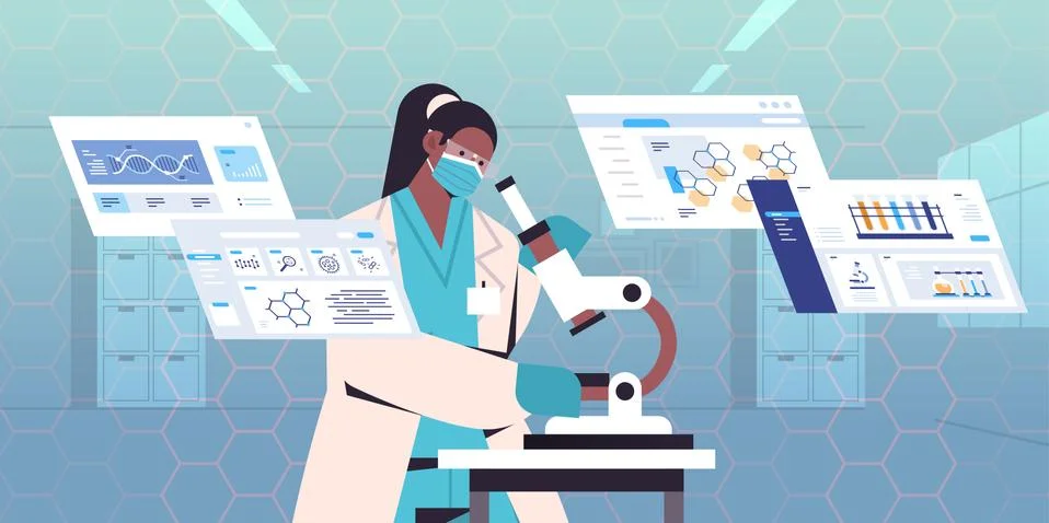 Scientist looking to microscope researcher making microbiology research in lab イラスト素材