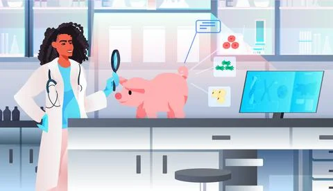 Scientist looking on pig through magnifying glass cultured red raw veal made Stock Illustration