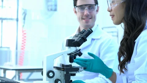 Scientist is looking through microscope with colleagues working in modern lab. Stock Footage 109133084