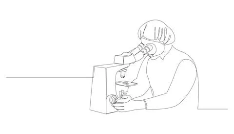 Scientist looking through microscope in laboratory continuous line drawing... Stock Illustration