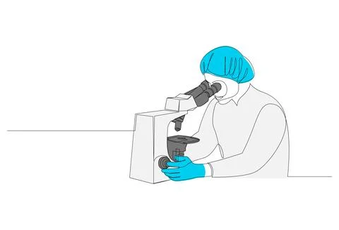Scientist looking through microscope in laboratory continuous line drawing Stock Illustration
