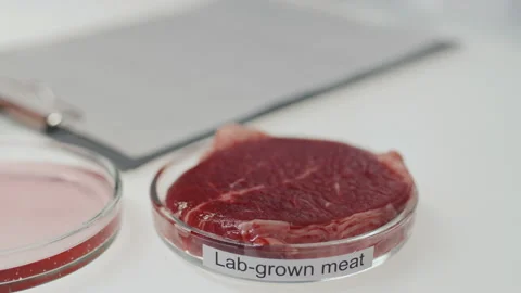 Scientist Looking through Research Data and Putting Lab-Grown Meat on Desk Stock Footage 234258750