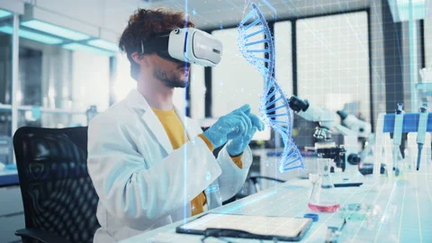 Scientist Looking at Virtual Reality DNA Chain Stock Footage 148480263