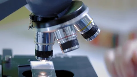 A scientist looks through a microscope. Changes samples. Carries out scientific Video stock 123292751
