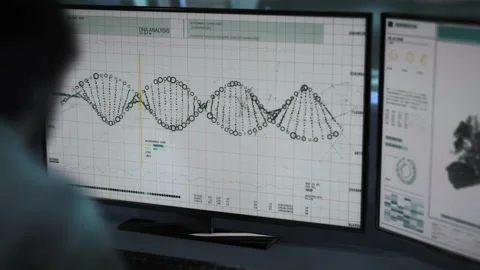 Scientist makes Advanced DNA diagnosing scan check to find any damaged genes Vídeo Stock 195714641