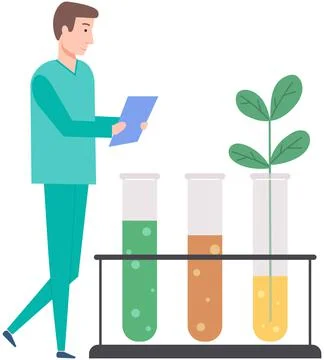Scientist makes laboratory analysis, experiment. Biologist studies plant in test Stock Illustration
