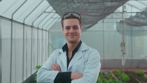 A scientist man is analyzing organic vegetables plants in greenhouse , concep Vídeos de archivo 205551541