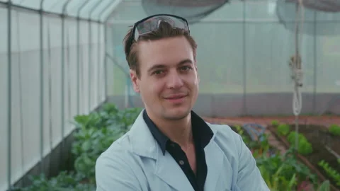 A scientist man is analyzing organic vegetables plants in greenhouse , concep Stock Footage 205551751