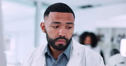 Scientist, man and microscope, computer and laboratory research for data 스톡 동영상 248593809