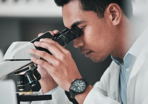 Scientist, man and microscope for science research, data analysis and DNA Stock Photos
