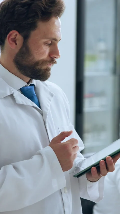 Scientist, man and tablet with reading for problem solving, feedback and medical Stock Footage 320178247