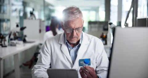 Scientist, man and tablet with test tube, laptop or review process for results Stock Footage 305925587