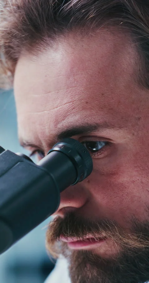 Scientist, man and test in lab with microscope, experiment or sample inspection Stock Footage 331337659