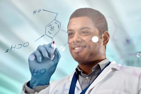 Scientist, man and writing in lab with glass wall, formula and problem solv.. Stock Photos