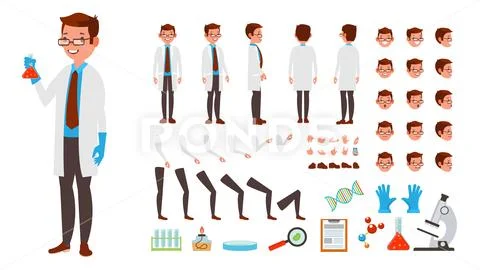 Scientist Man Vector. Animated Character Creation Set. Full Length, Front, Side Stock Illustration