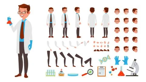 Scientist Man Vector. Animated Character Creation Set. Full Length, Front, Side Stockillustratie