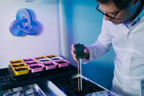Scientist measuring acidity and pH of soil at table, closeup. Laboratory 库存照片