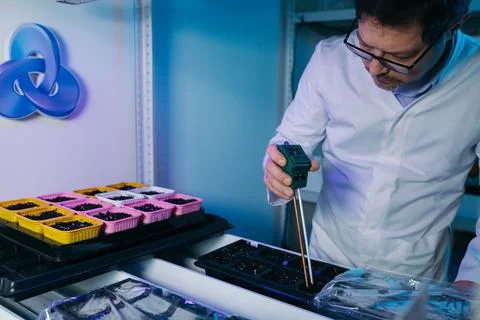 Scientist measuring acidity and pH of soil at table, closeup. Laboratory Stock-Fotos