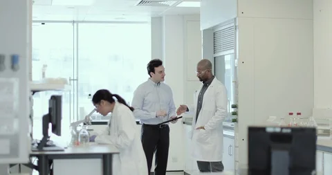 Scientist in a meeting with pharmaceutical sales rep Stock Footage 106933241
