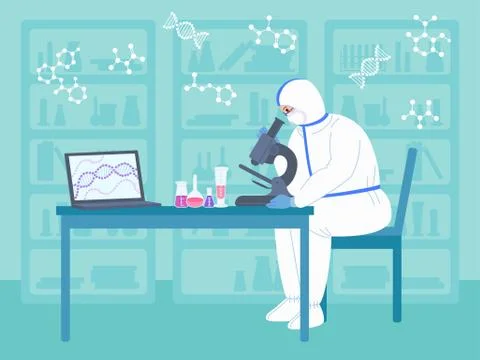 Scientist men works microscope in protective suits Stock Illustration
