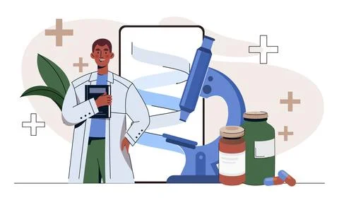 Scientist with microscope and medicine bottles. Vector illustration Stock Illustration