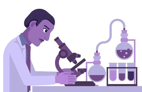 Scientist At Microscope Lab Test Bench And Beakers Illustrazione stock
