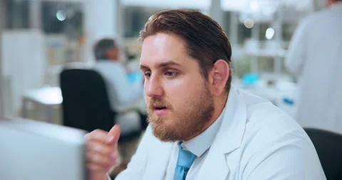 Scientist, mistake and man with computer, lab and shocked by bad news on Stock Footage 319082155