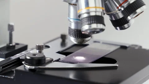 A scientist in a modern laboratory studies a sample with a microscope. Close-up Stock Footage 123883363