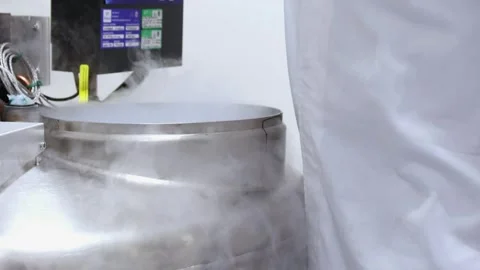 Scientist opening cryogenic storage tank in laboratory Stock Footage 296886281