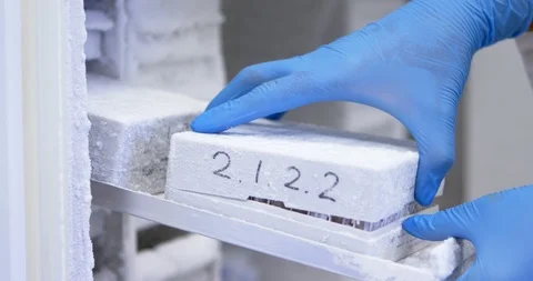 Scientist opening test tube box from freezer 4k Stock Footage 93647341