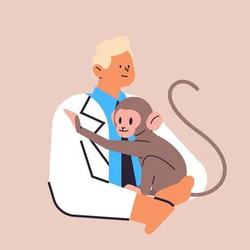 Scientist or veterinary worker doing experiments in lab with experimental monkey Stock Illustration