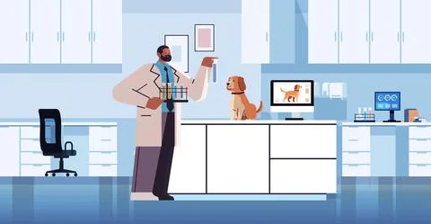 Scientist or veterinary worker doing experiments in lab with experimental dog 库存插图