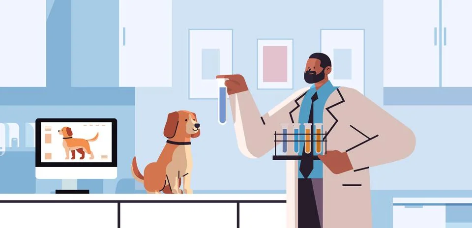 Scientist or veterinary worker doing experiments in lab with experimental dog Stock Illustration