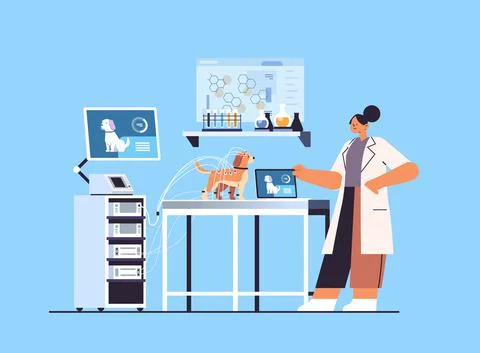 Scientist or veterinary worker doing experiments in lab with experimental dog Stock Illustration