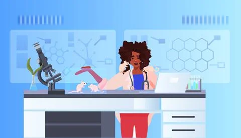 Scientist or veterinary worker doing experiments in lab with experimental rat 库存插图