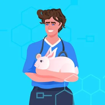 Scientist or veterinary worker doing experiments in lab with experimental rabbit Stock Illustration
