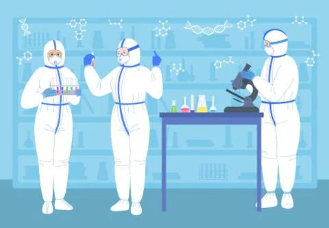 Scientist people in lab flasks microscope suits Stock Illustration