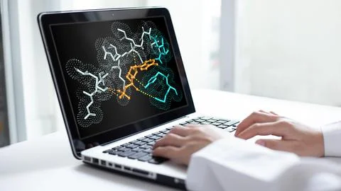 Scientist Performing Molecular Simulation and Docking for Drug Discovery on.. Stock Photos
