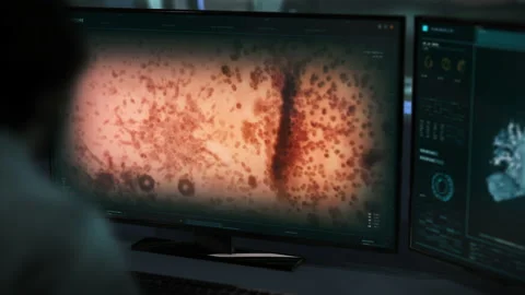 Scientist performs blood health analysis via high tech software in bio research Stock Footage