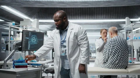 Scientist performs laboratory experiment with AI tech tools with patient Stock Footage 319367830