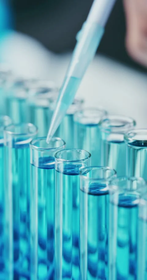 Scientist, pipette and liquid in test tubes in lab for enzyme analysis Stock Footage 331512691