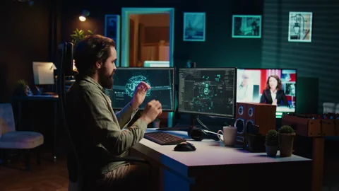 Scientist placing confidential cartridge in computer, awakening self aware AI Stock Footage 267046991