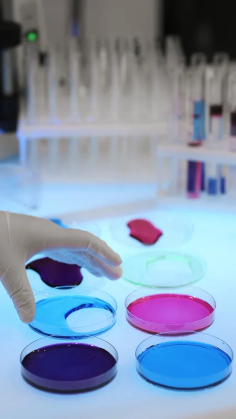 Scientist placing a petri dish with a sample on a laboratory table. Stock Footage 302172793
