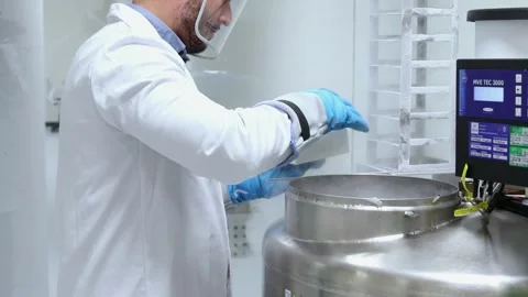 Scientist placing samples in cryogenic storage tank Stock Footage 296886290