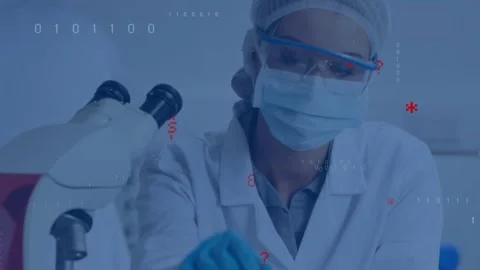 Scientist placing tube at microscope, examining sample while data overlays Stock Footage 332296678
