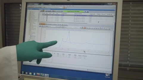 Scientist pointing at chromatography data on laboratory computer screen. Stock Footage 333606858